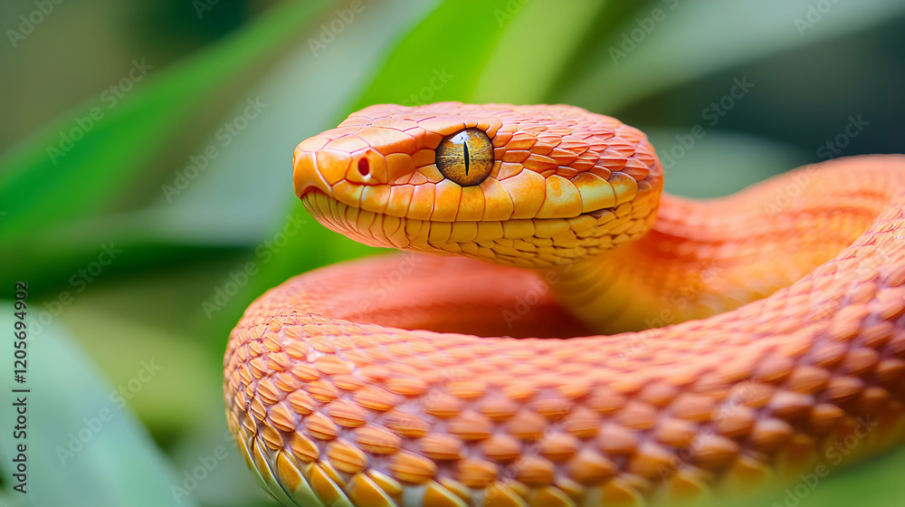 Fototapeta premium Vibrant Orange Snake with Intricate Scales Lying in Green Foliage