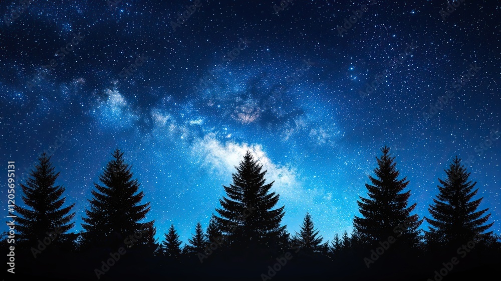 Naklejka premium Stargazing night sky over pine trees