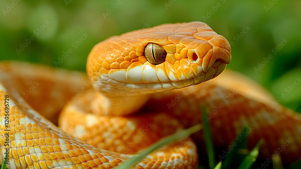 Fototapeta premium Vibrant Orange Snake Crawling Through Lush Green Grass in Nature