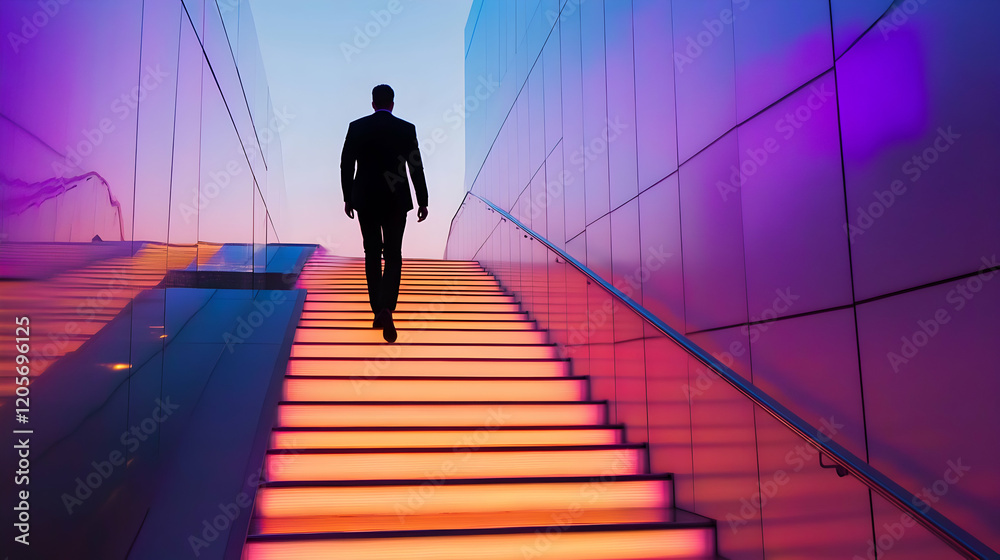 Man Walking Up Colorful Stairs Against Vibrant Evening Sky Man Walking Up Colorful Stairs Against Vibrant Evening Sky