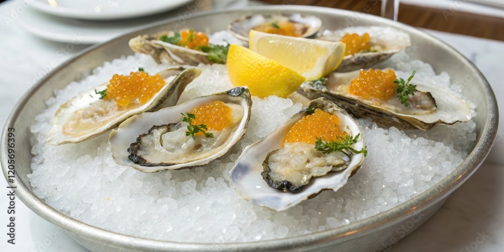 A platter of chilled oysters arranged artfully on a bed of snow-white crushed ice with a sprinkle of lemon-infused caviar, oysters, garnish, fine dining, lemons, gourmet food A platter of chilled oysters arranged artfully on a bed of snow-white crushed ice with a sprinkle of lemon-infused caviar, oysters, garnish, fine dining, lemons, gourmet food