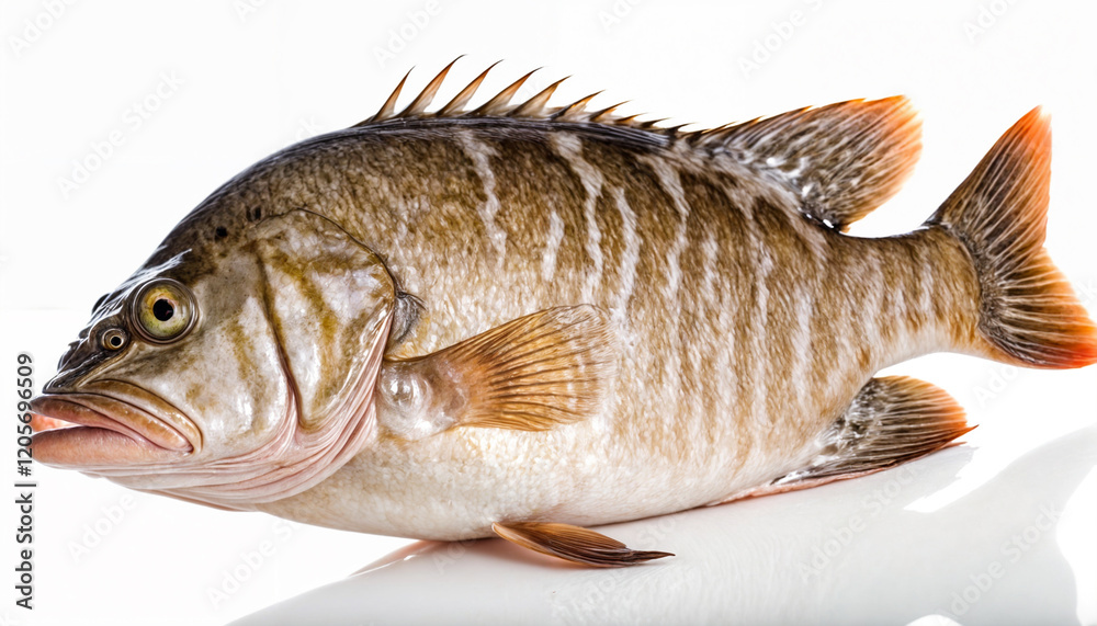 A fresh spotted grouper with unique patterns and vibrant fins, showcasing its appeal as a popular choice for seafood dishes and healthy marine cuisine A fresh spotted grouper with unique patterns and vibrant fins, showcasing its appeal as a popular choice for seafood dishes and healthy marine cuisine