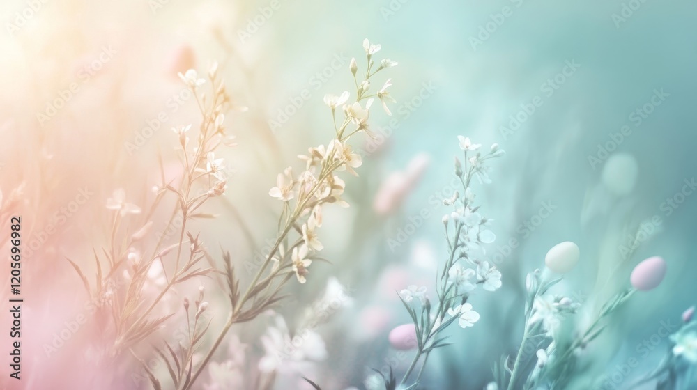 Delicate pastel wildflowers in a soft dreamy landscape creating a tranquil and serene spring atmosphere Delicate pastel wildflowers in a soft dreamy landscape creating a tranquil and serene spring atmosphere