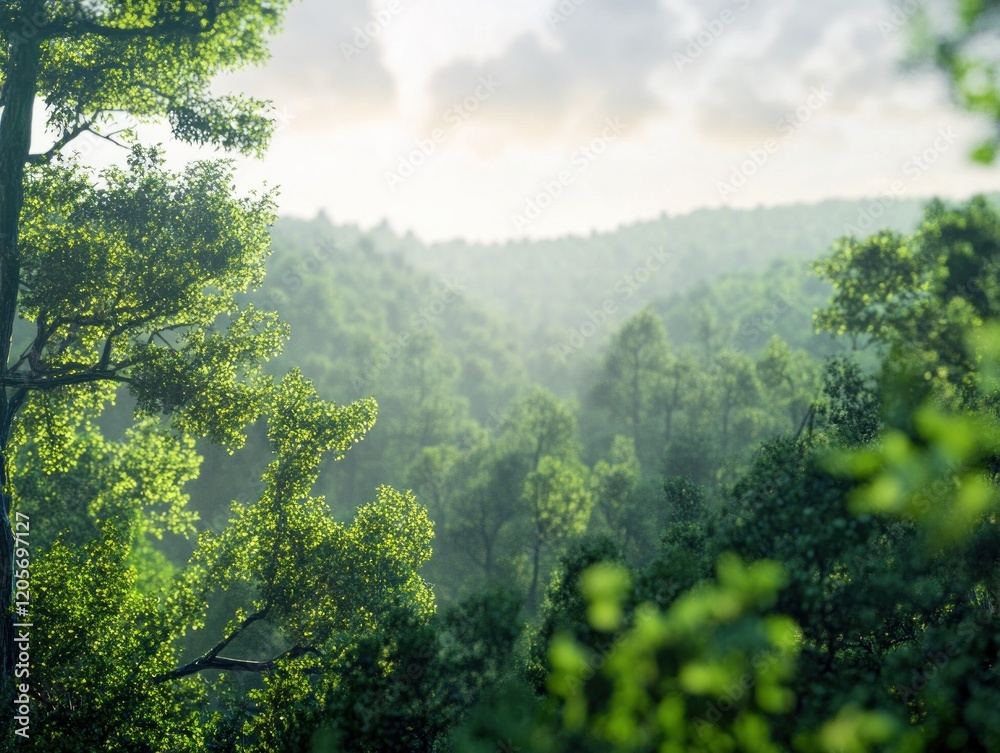 Obraz premium Misty Forest Landscape with Lush Green Trees and a Cloudy Sky in the Background