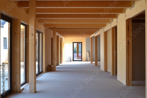 Modern unfinished house interior with wooden beams, large windows, and concrete floor.