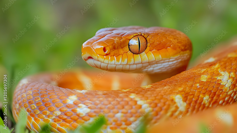 Fototapeta premium Vibrant Orange Snake Coiled on Grass with Intricate Patterns