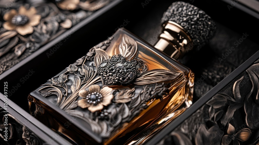 Intricate artistry of a unique perfume bottle box closeup shot luxury packaging studio environment artistic perspective Intricate artistry of a unique perfume bottle box closeup shot luxury packaging studio environment artistic perspective