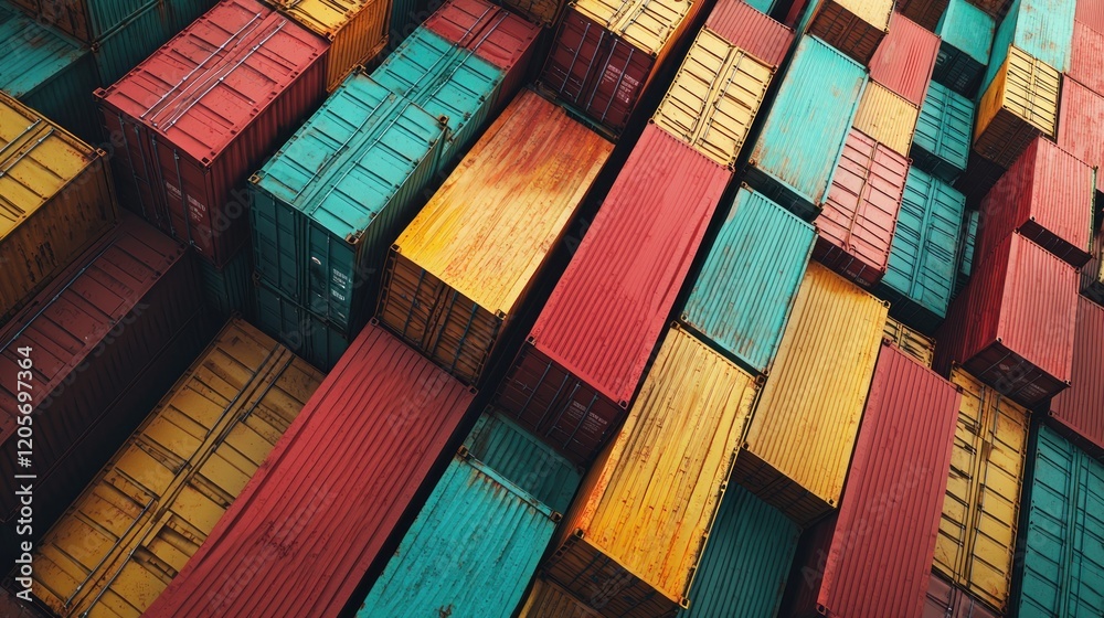 Fototapeta premium Colorful Cargo Containers Stacked High: A vibrant display of international trade and logistics