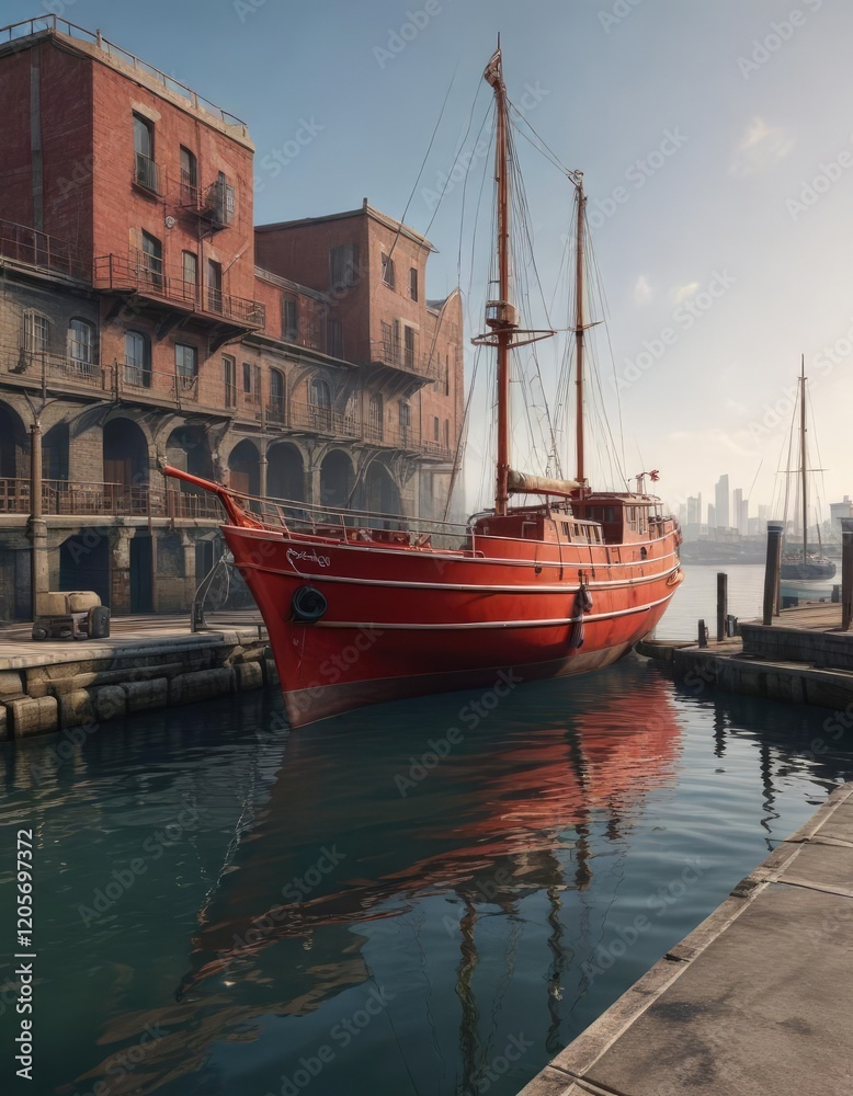 A small red ship with its sails raised near a dock in a seaport , ship, marina A small red ship with its sails raised near a dock in a seaport , ship, marina
