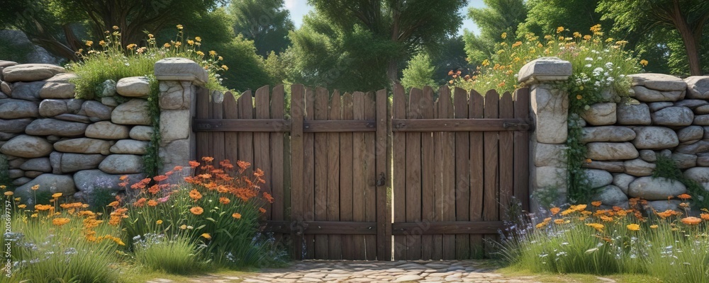 Naklejka premium Stone wall with a wooden gate and wildflowers, garden design, floral patterns, stone fence, rustic charm