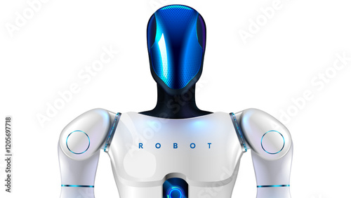 Autonomous humanoid robot with AI. Humanoid robotics technology. Humanoid robot with AI or artificial intelligence. Robot Head in glass mask with actuator hands. Anthropomorphic robotics helper.