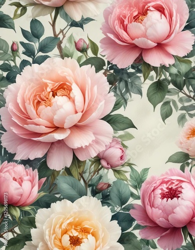 Fototapeta Naklejka Na Ścianę i Meble -  Watercolor artwork of roses and peonies with a vintage look, artwork, roses, delicate