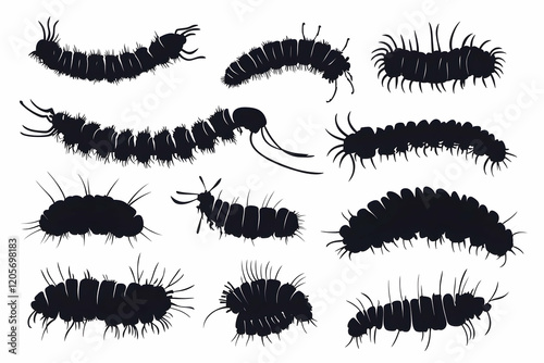 Silhouettes of various caterpillars on a clean white background, perfect for creative design