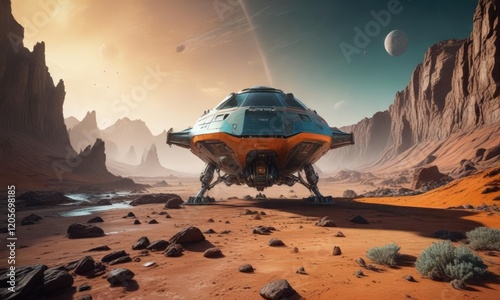 A spaceship landing on the surface of a planet with an orange and teal landscape, space exploration, spaceship, spacecraft landing