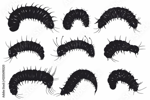 Silhouettes of Different Caterpillars on a White Background, Ideal for Creative Design-