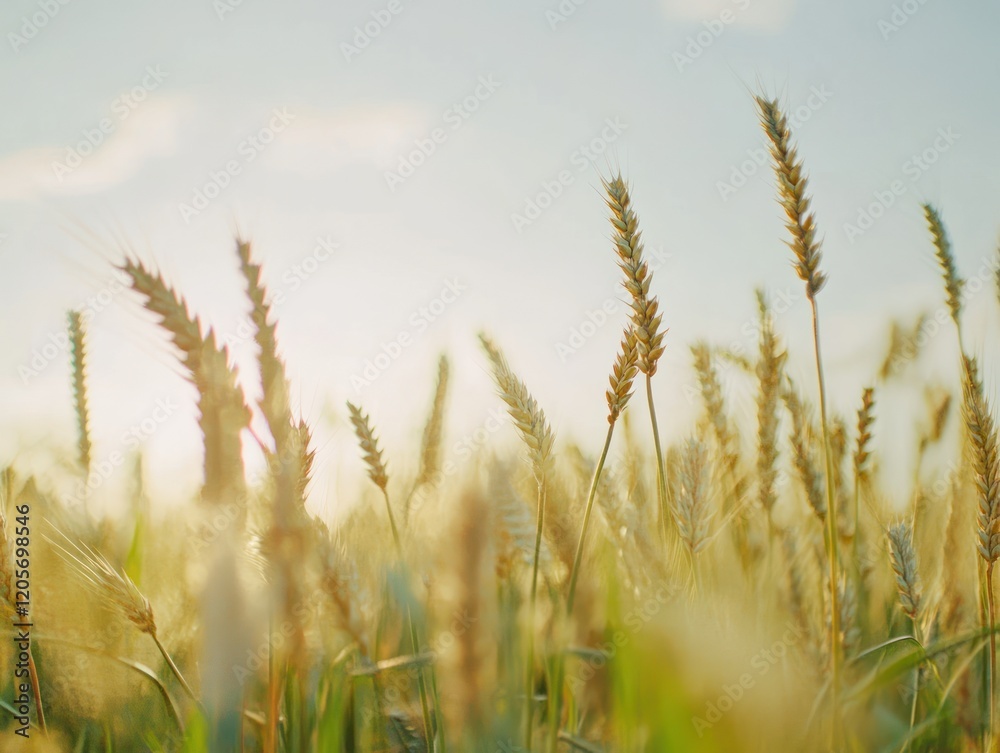 Fototapeta premium Golden wheat field under the soft morning light, a serene rural landscape view