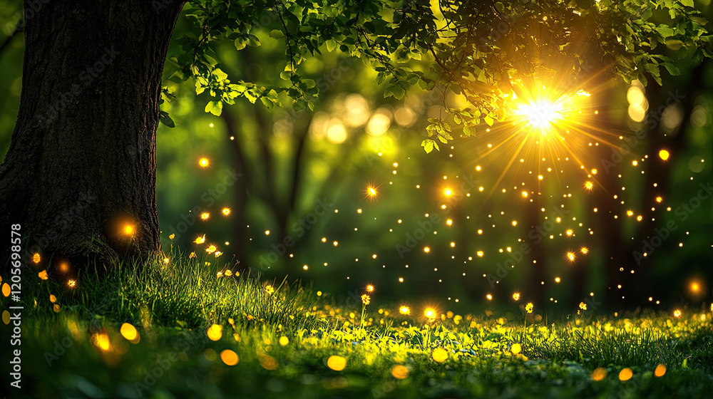 Naklejka premium Sunlight Filtering Through Trees in a Lush Green Forest Scene