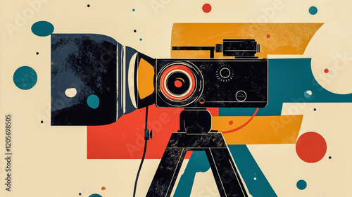 Large vintage film camera in a retro style, presented in a striking and artistic collage design photo