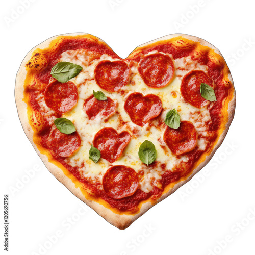 A heart-shaped pizza topped with pepperoni and basil leaves, showcasing a delicious blend of flavors and a unique presentation.