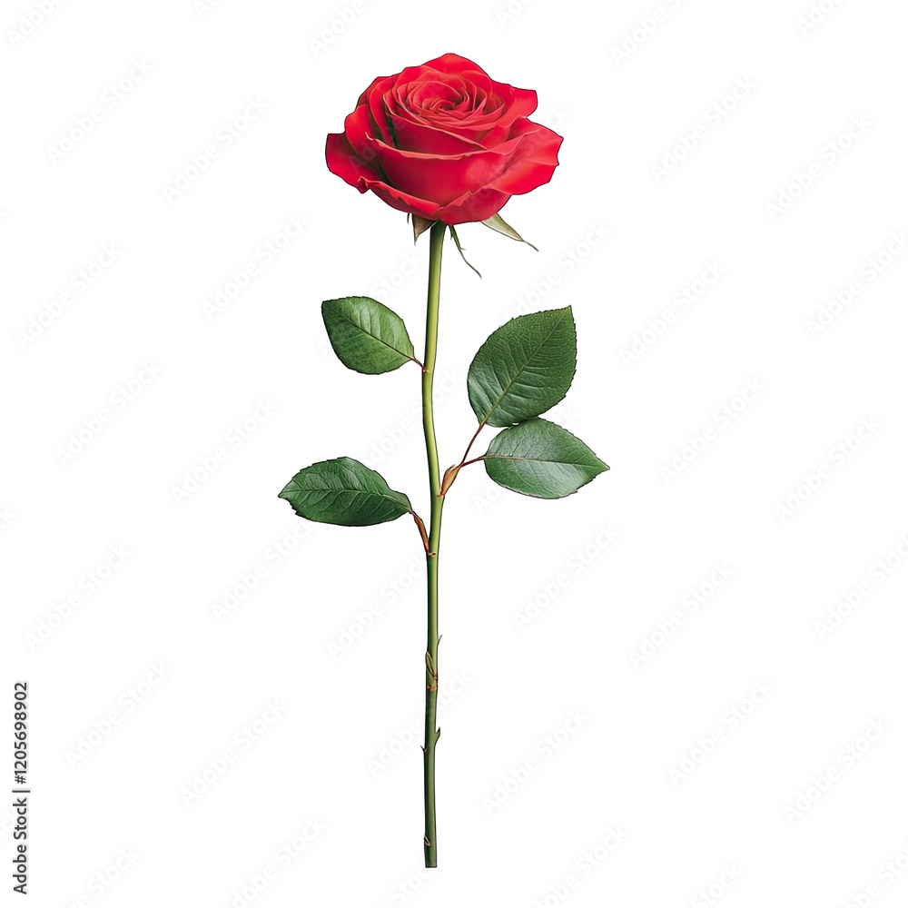 Fototapeta premium A vibrant red rose with lush green leaves, symbolizing love and passion, elegantly stands upright on a slender stem.