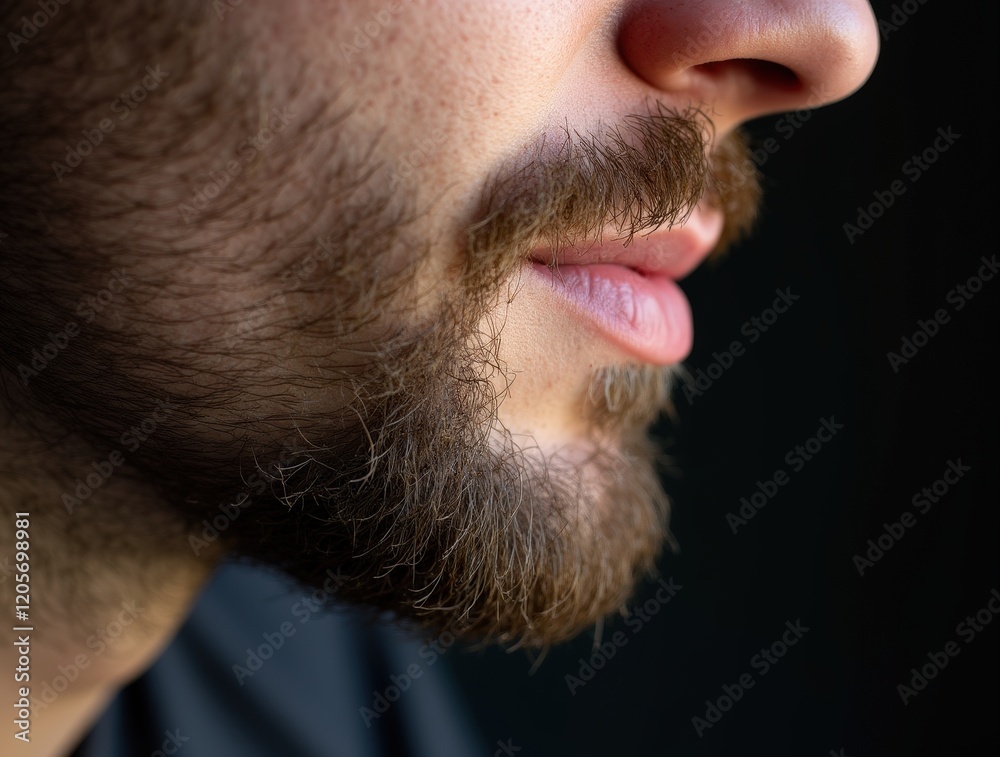 Fototapeta premium Close-up of a man's beard and lips with soft natural lighting highlighting facial features