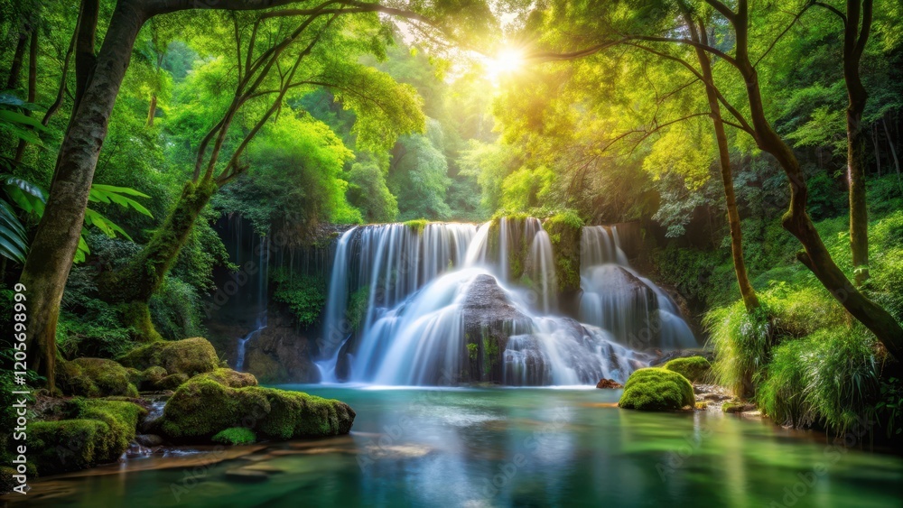 Dense foliage surrounds the base of a serene waterfall in a deep forest, with sunlight filtering through the trees , fantasy forest, waterfall Dense foliage surrounds the base of a serene waterfall in a deep forest, with sunlight filtering through the trees , fantasy forest, waterfall