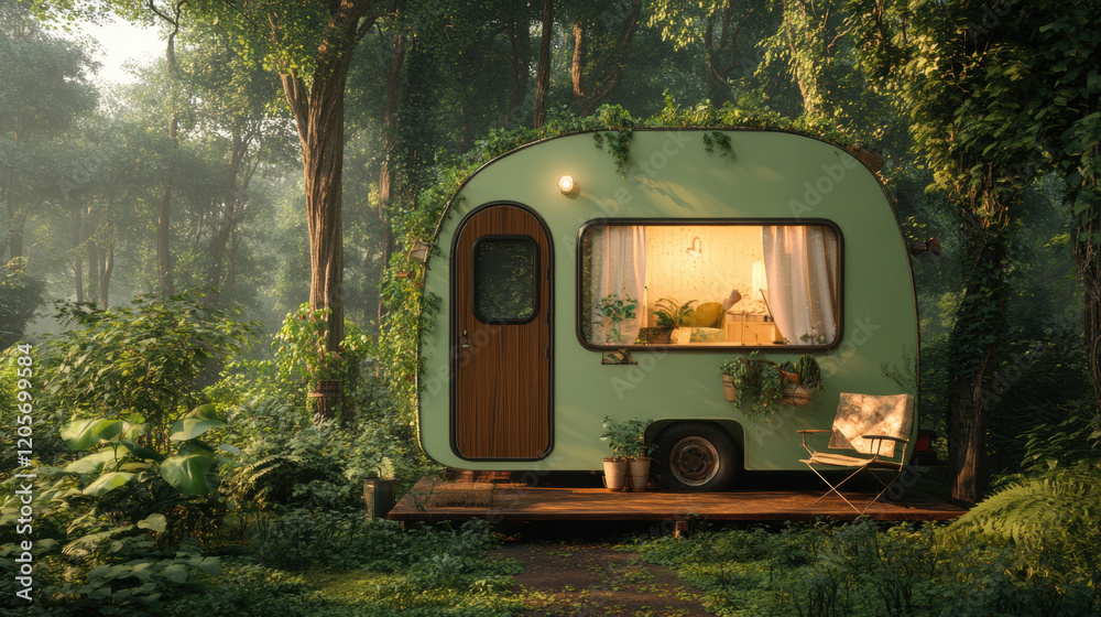 Naklejka premium Caravan park, Captivating image of a small caravan park exuding rustic charm, perfect for high-fidelity stock use.