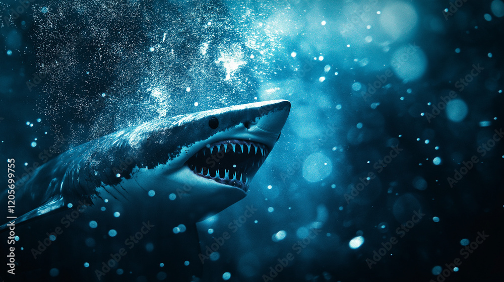 Fototapeta premium Shark underwater with open mouth showing sharp teeth, deep ocean background