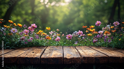 Fototapeta Naklejka Na Ścianę i Meble -  Vibrant wildflowers bloom on a wooden deck in a serene forest setting during late afternoon sunlight