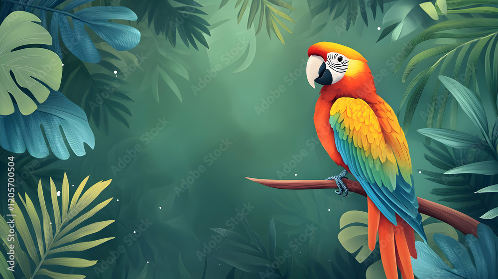 Fototapeta premium Vibrant Tropical Parrot Perched Amid Lush Greenery and Foliage