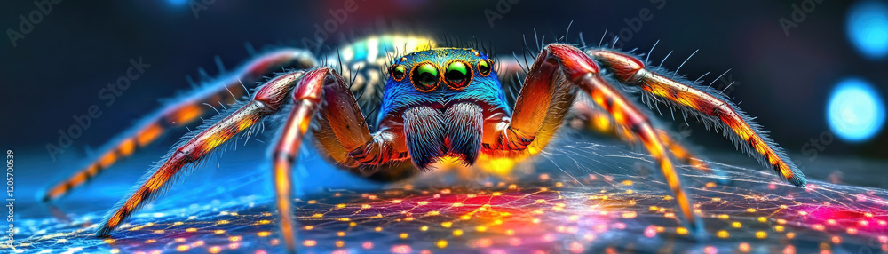 animal,habitat,genetics Colorful close-up of a spider with intricate details and a vibrant background. animal,habitat,genetics Colorful close-up of a spider with intricate details and a vibrant background.