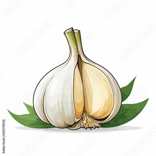 Garlic. Whole and peeled cloves. Realistic vector illustration isolated on white background.