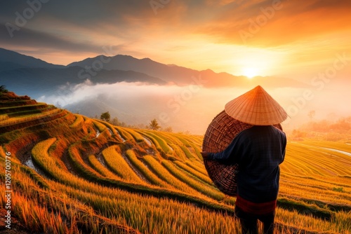 A golden rice terrace in the early morning, with mist hovering over the lush fields and farmers starting their day photo