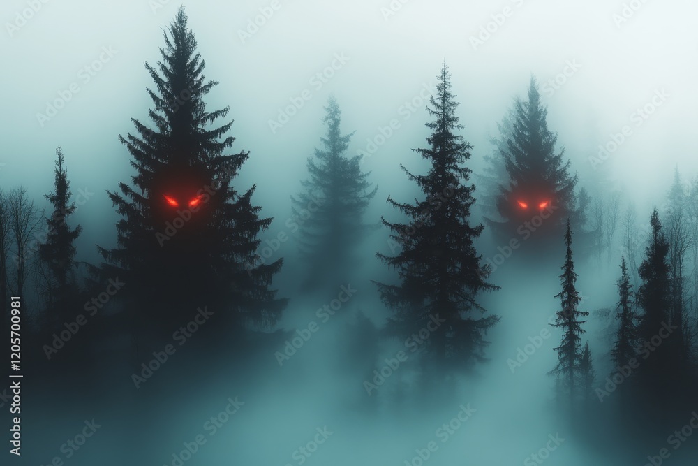 Fototapeta premium A gothic depiction of Yellowstone forest at night, with twisted trees, thick fog, and eerie glowing eyes of unseen creatures in the darkness