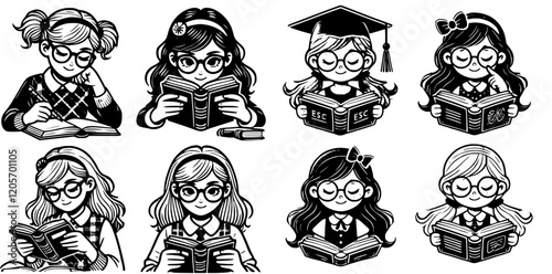 Set of eight vector drawings of a school girl reading a book