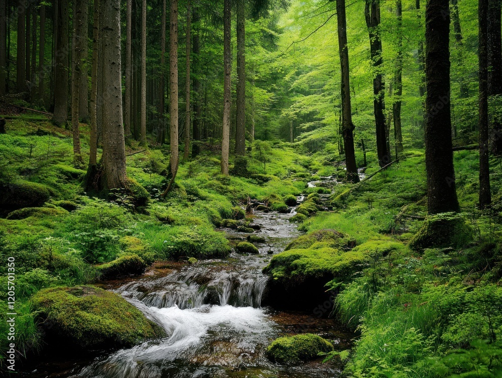 Lush forest with mossy rocks and stream flowing through a green and tranquil setting Lush forest with mossy rocks and stream flowing through a green and tranquil setting