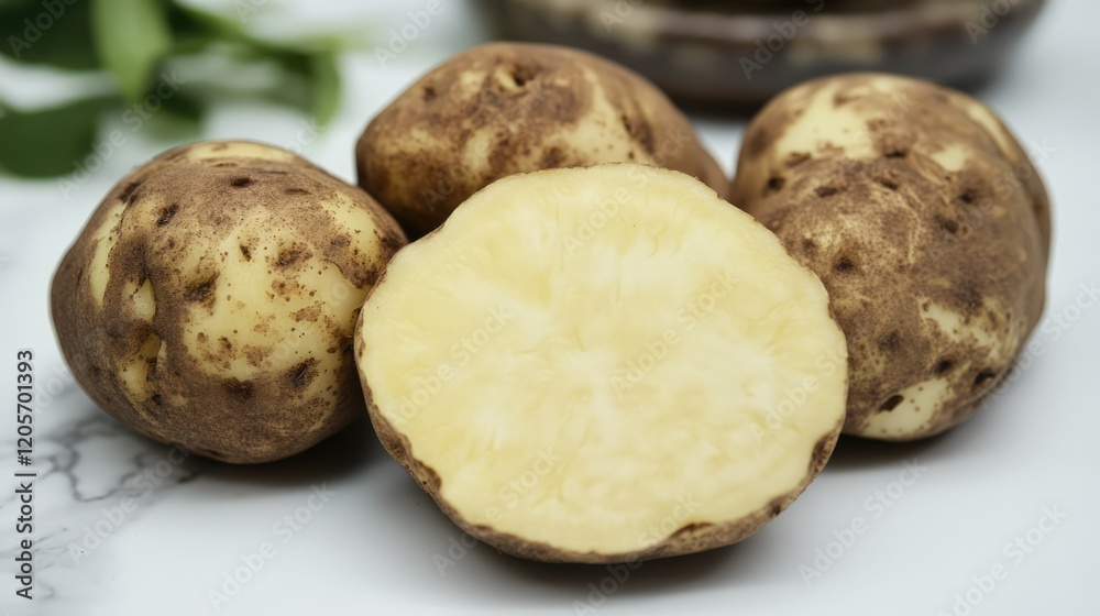 A single, light yellow potato with an irregular, A single, light yellow potato with an irregular,