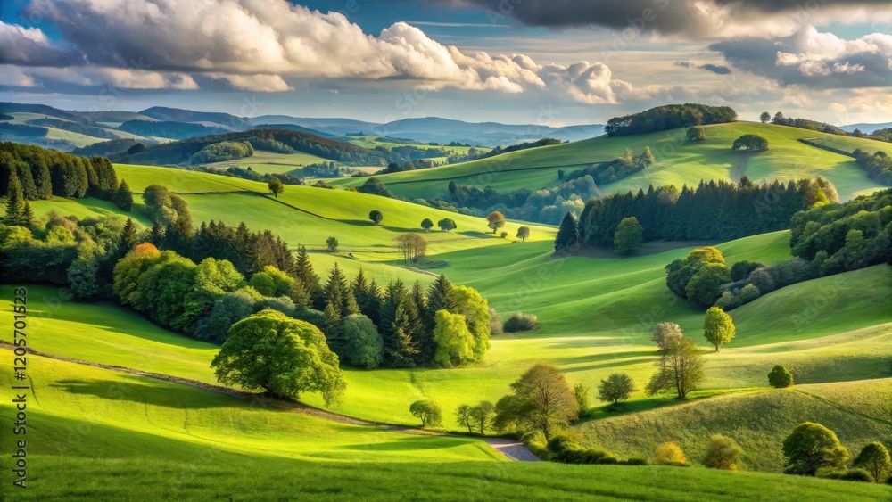 Obraz premium Rolling hills with a vast landscape of green pastures and tall trees in the background, scenic views, rolling hills