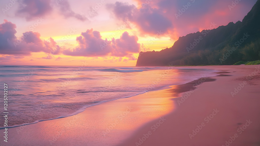 Serene Beach at Sunset with Vibrant Sky and Gentle Waves Serene Beach at Sunset with Vibrant Sky and Gentle Waves