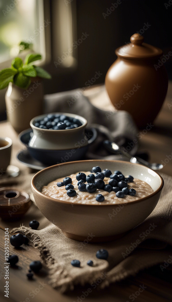 Cozy morning table setting featuring oatmeal topped with fresh blueberries, steaming coffee, and honey jar. Sunlight bathes rustic elements, evoking homely warmth and natural nourishment.
Cozy morning table setting featuring oatmeal topped with fresh blueberries, steaming coffee, and honey jar. Sunlight bathes rustic elements, evoking homely warmth and natural nourishment.