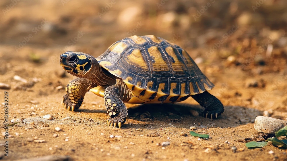 Turtle Walking Slowly on Sandy Beach with Calm Ocean in Background Turtle Walking Slowly on Sandy Beach with Calm Ocean in Background