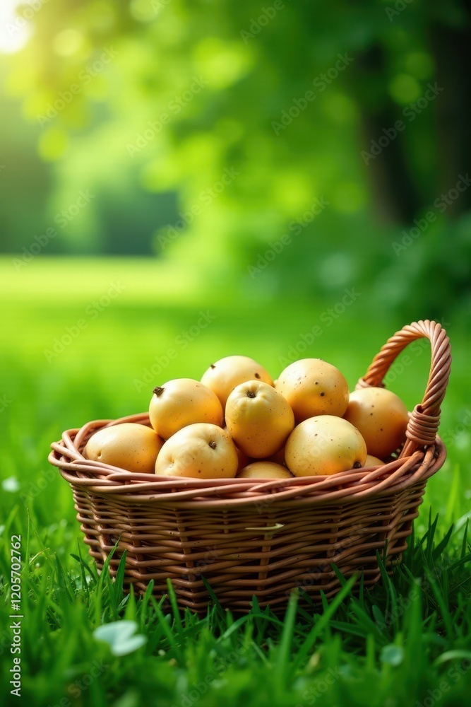 Organic potatoes in a wicker basket with greenery, natural, countryside scene Organic potatoes in a wicker basket with greenery, natural, countryside scene