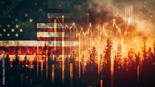 Dramatic Burning Forest Overlay with Crumbling Market Graph and American Flag in Background photo