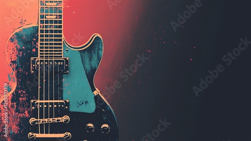 An isolated electric guitar on a rustic background, copy space for text