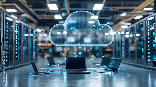 Wallpaper Mural A large cloud icon hovering above a network of interconnected laptops, smartphones, and servers.  Torontodigital.ca