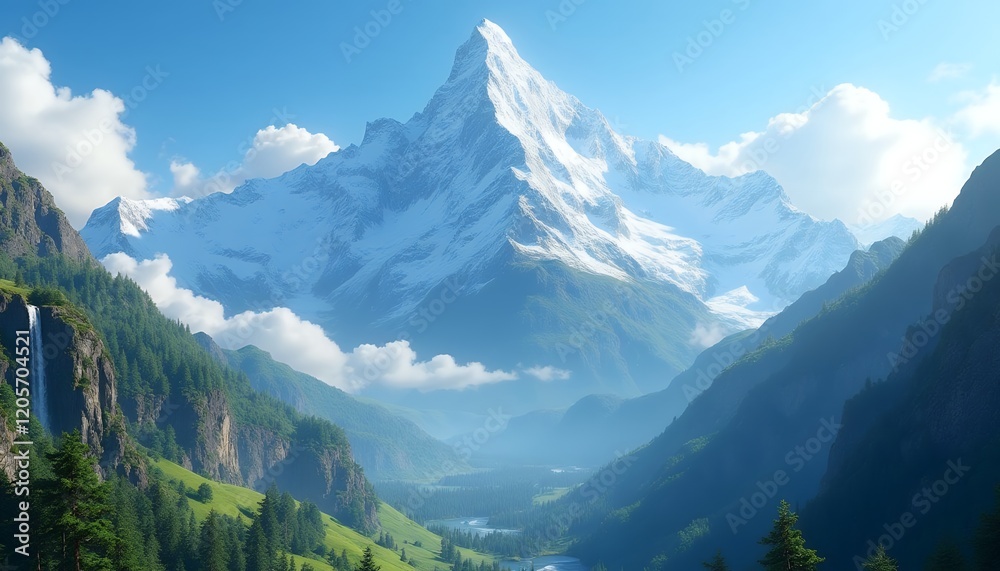 Obraz premium Majestic Swiss Alps Mountain Landscape: Breathtaking View of Snow-Capped Peaks and Lush Valley