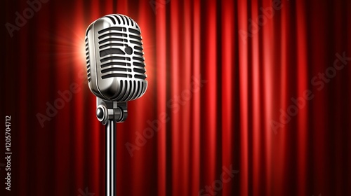 An isolated vintage 1950's/60/s chrome silver microphone on a stand against a red curtain backdrop, copy space for text photo