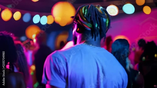 A man in a vibrant nightlife scene surrounded by colorful lights and blurred dancing silhouettes