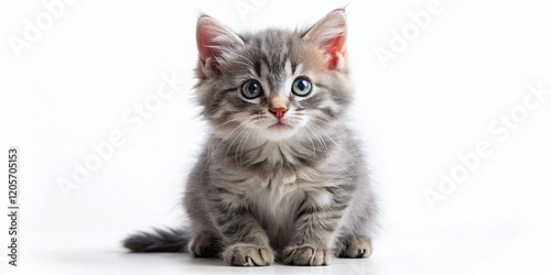 Adorable Gray Kitten Posing on White Background - Cute Pet Stock Photo