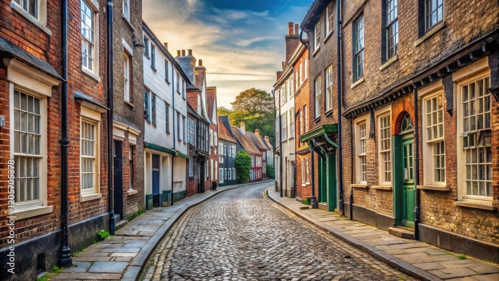 Narrow cobblestone street with historic buildings in Norwich, UK , norwich, ancient building, norwich Narrow cobblestone street with historic buildings in Norwich, UK , norwich, ancient building, norwich